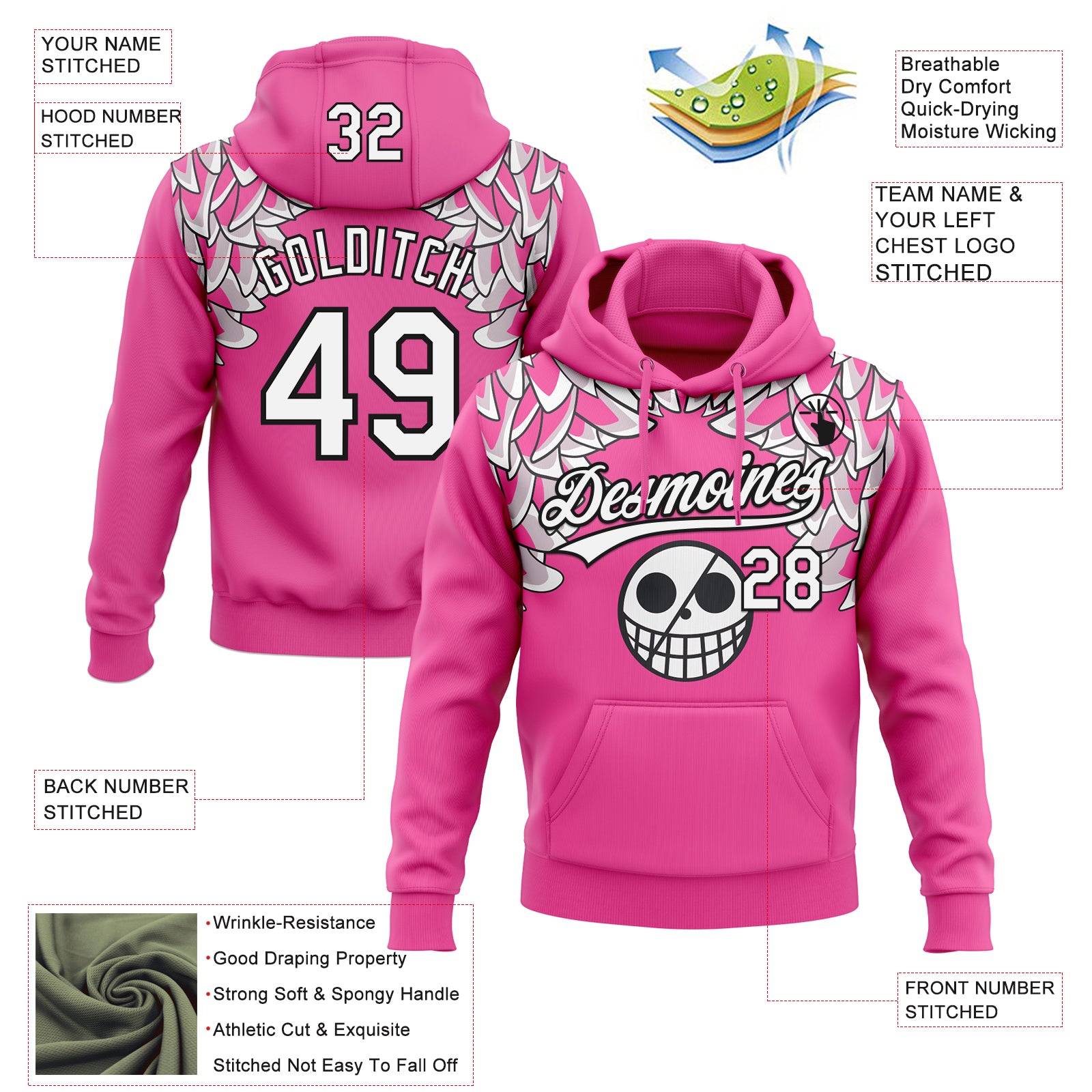 Custom Stitched Pink White-Black Skull Pattern Pullover Sweatshirt Hoodie