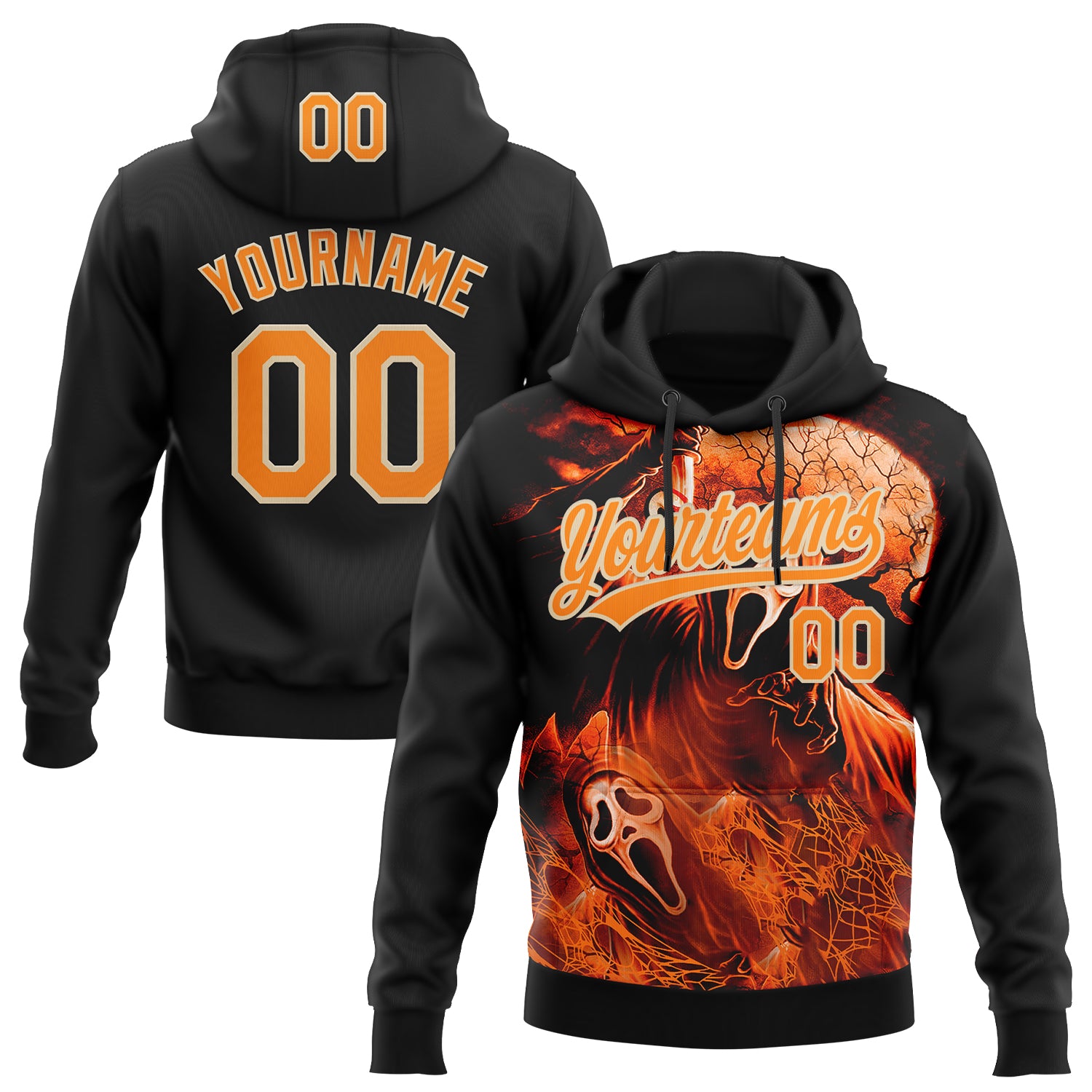 Custom Stitched Black Bay Orange-City Cream Skull Pattern Pullover Sweatshirt Hoodie