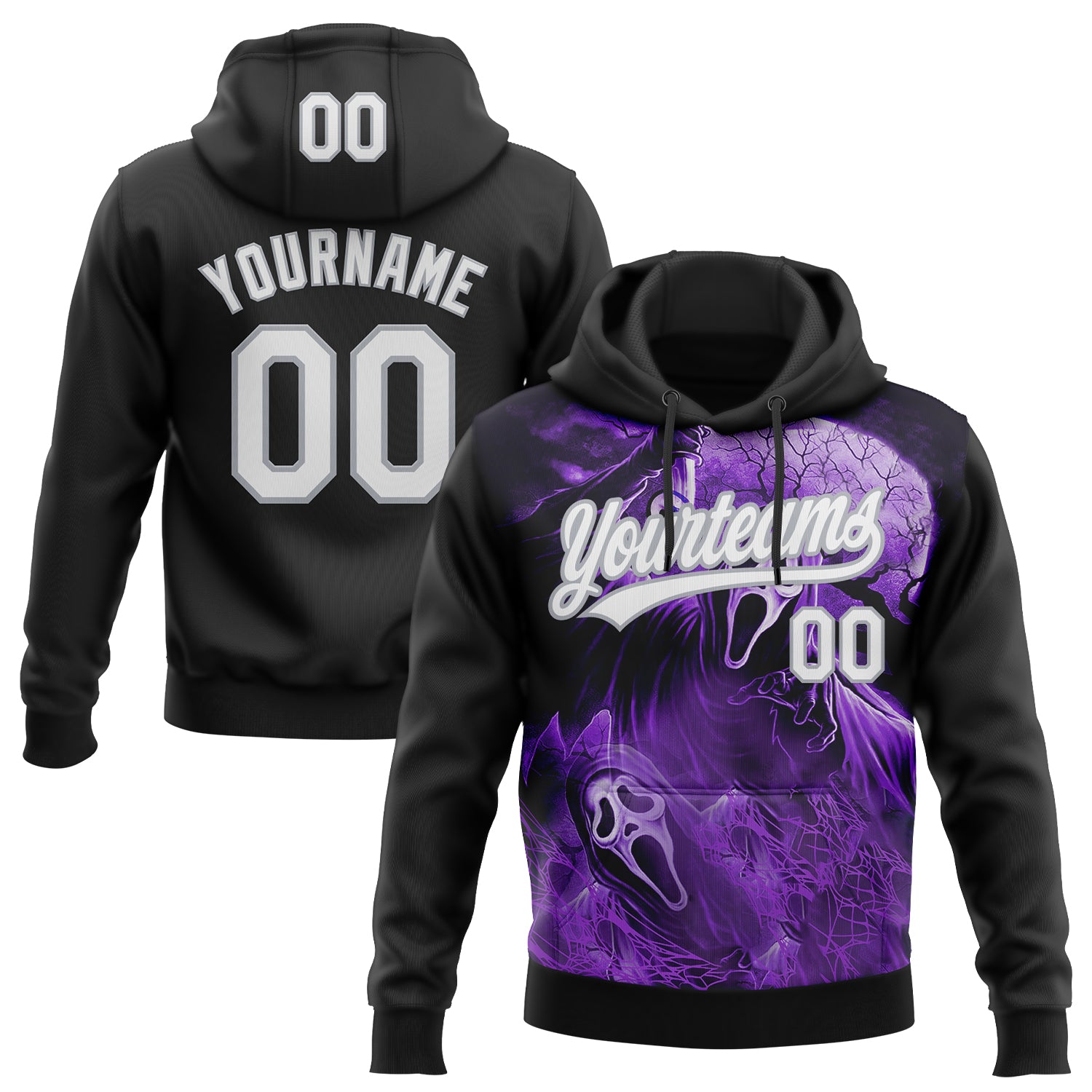 Custom Stitched Black White Purple-Gray Skull Pattern Pullover Sweatshirt Hoodie