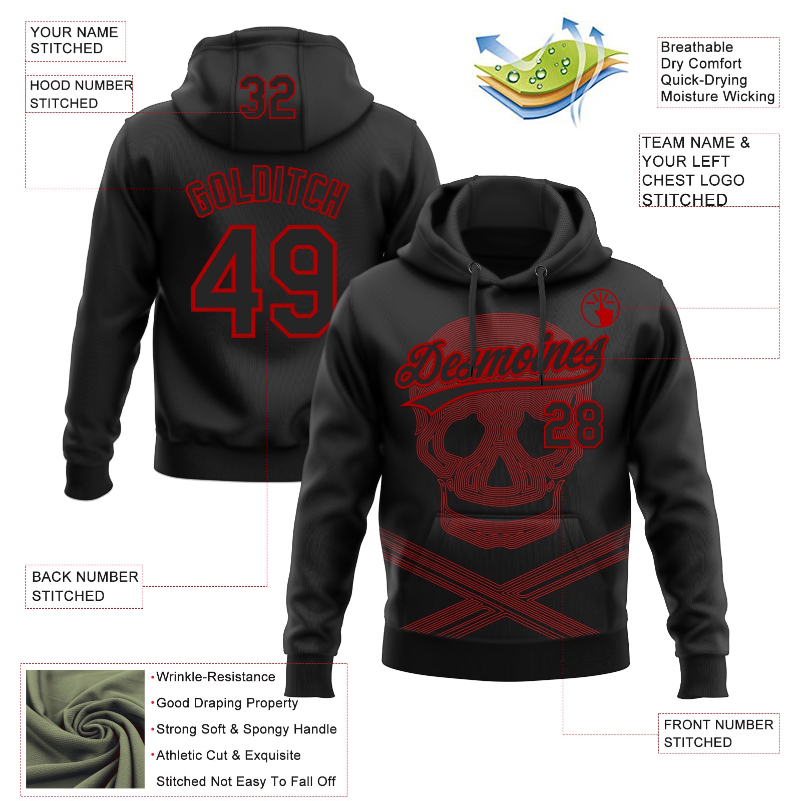 Custom Stitched Black Red Skull Pattern Pullover Sweatshirt Hoodie