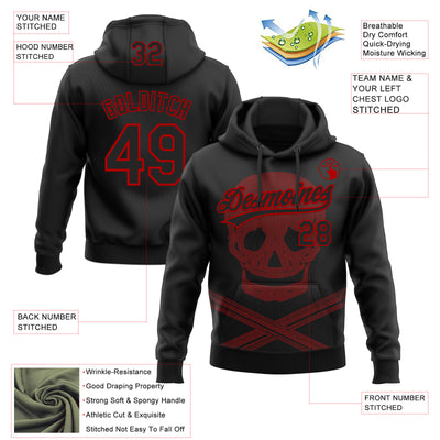 Custom Stitched Black Red Skull Pattern Pullover Sweatshirt Hoodie