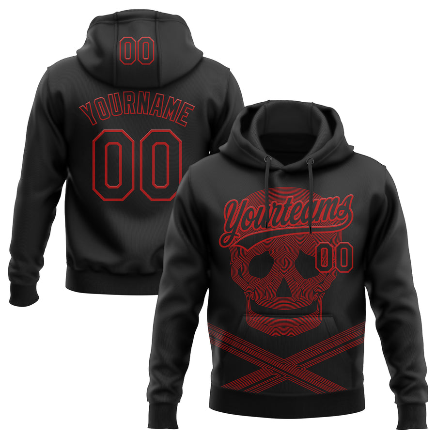 Custom Stitched Black Red Skull Pattern Pullover Sweatshirt Hoodie