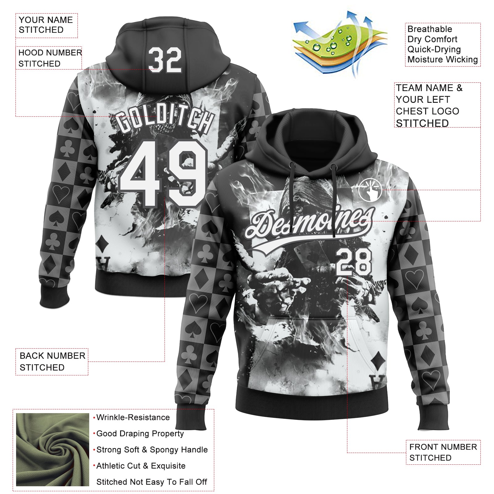 Custom Stitched Black White-Steel Gray Skull Poker Pattern Pullover Sweatshirt Hoodie