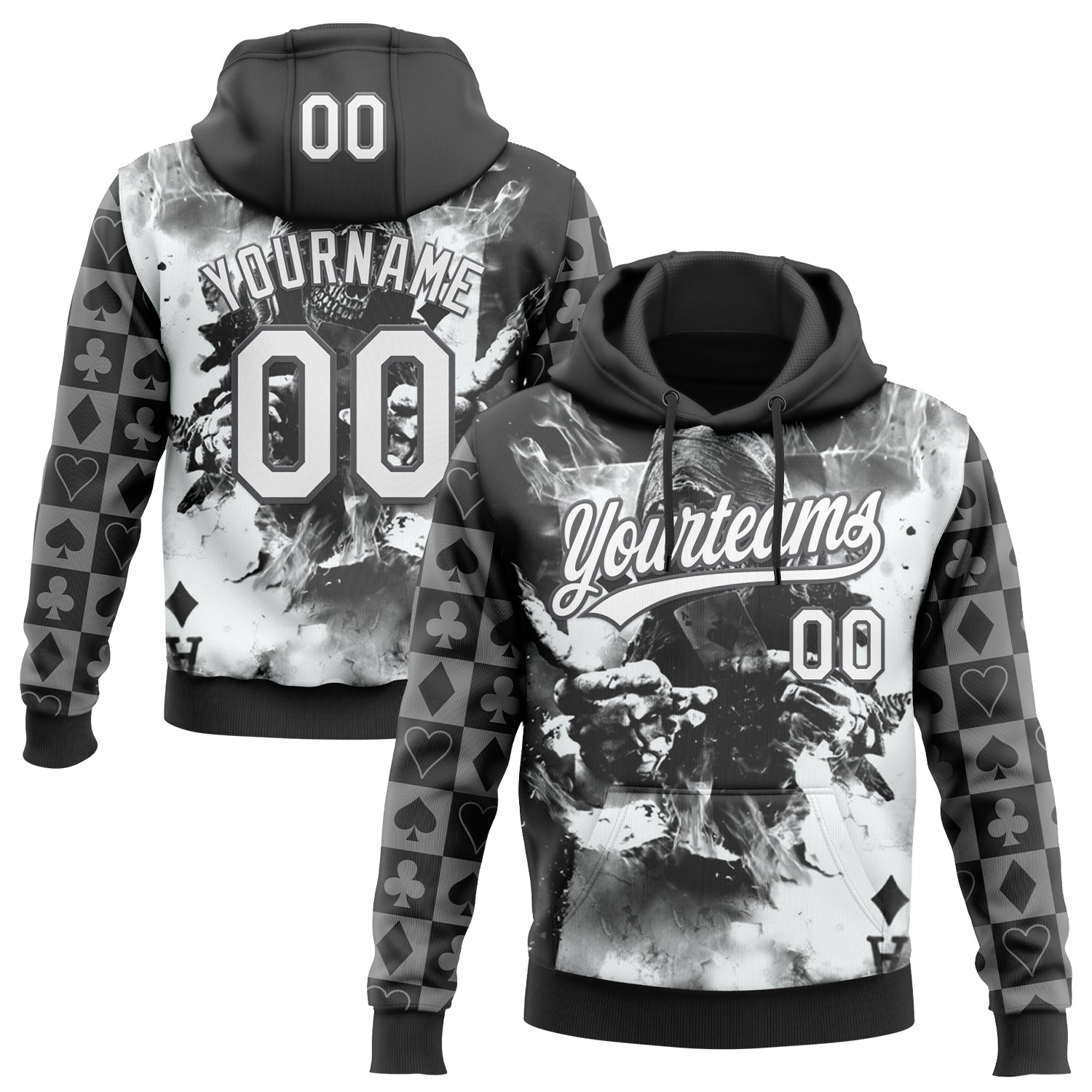 Custom Stitched Black White-Steel Gray Skull Poker Pattern Pullover Sweatshirt Hoodie