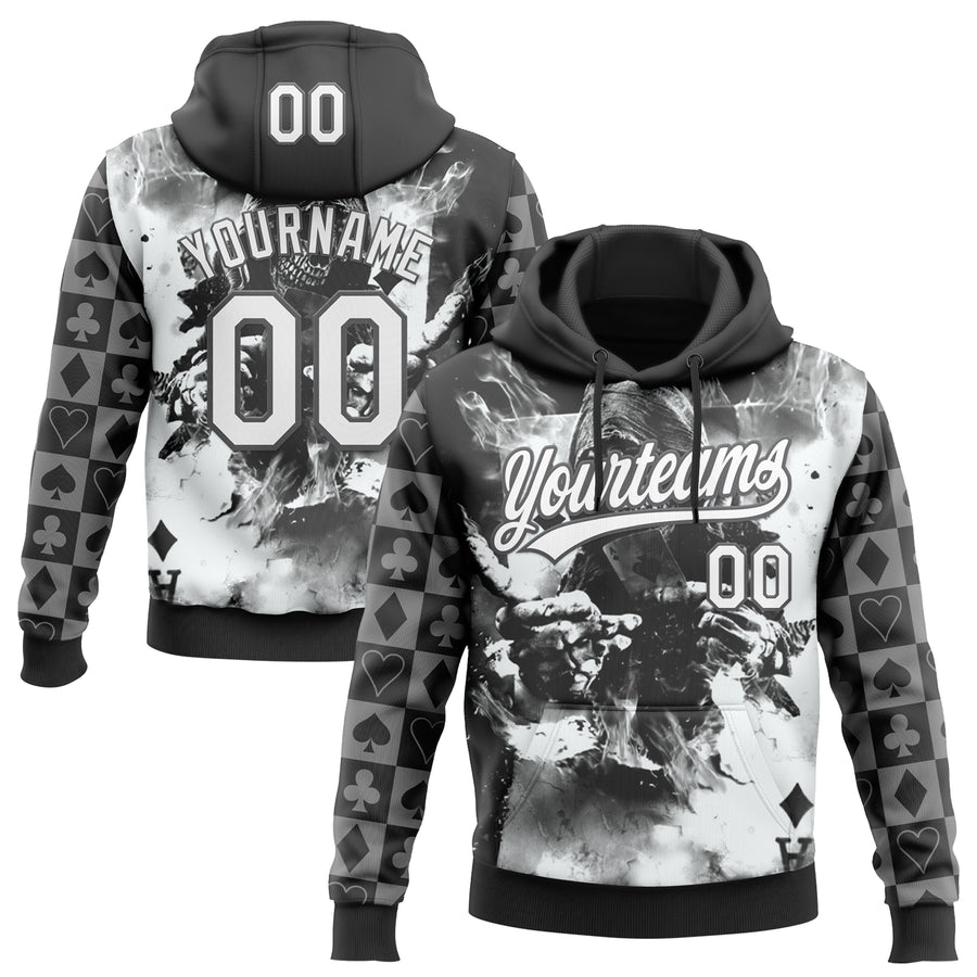 Custom Stitched Black White-Steel Gray Skull Poker Pattern Pullover Sweatshirt Hoodie