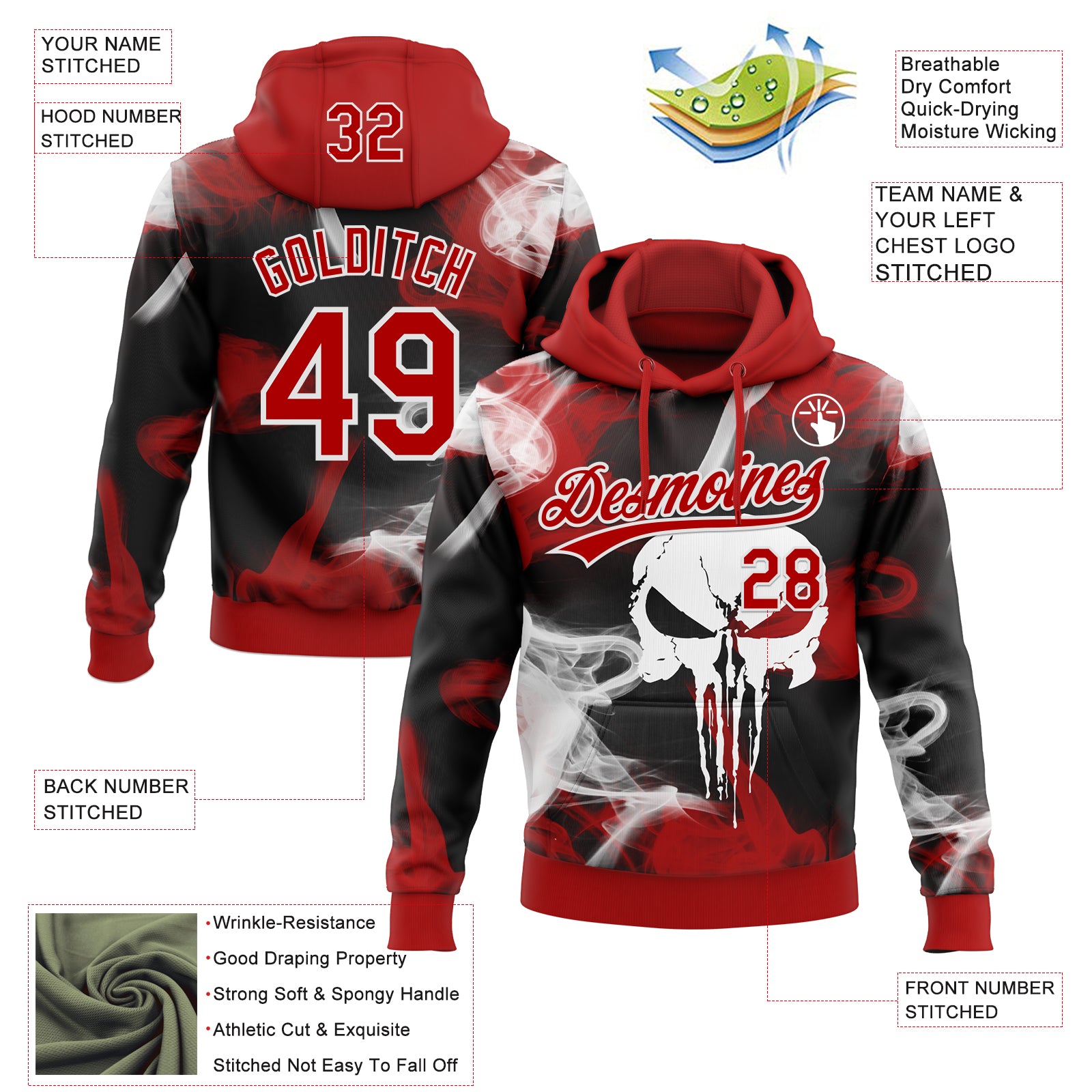 Custom Stitched Red Black-White Skull Pattern Pullover Sweatshirt Hoodie