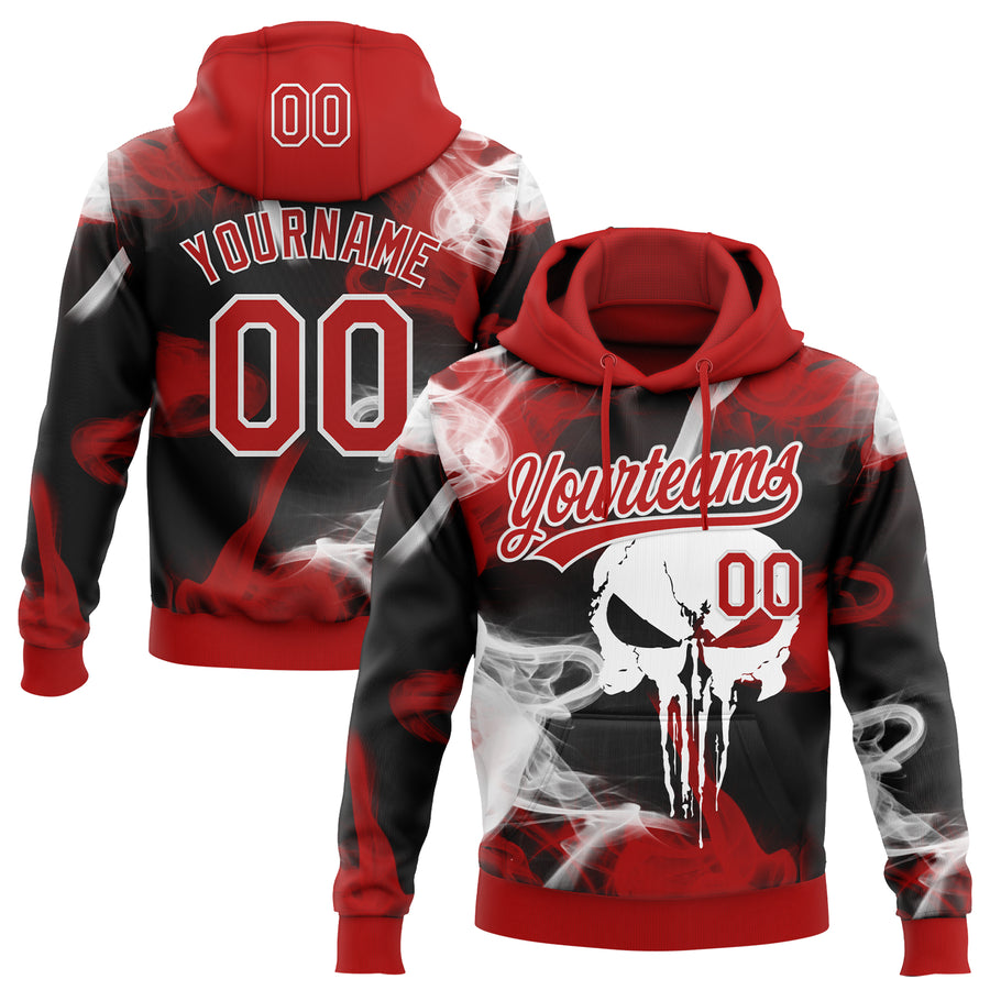 Custom Stitched Red Black-White Skull Pattern Pullover Sweatshirt Hoodie