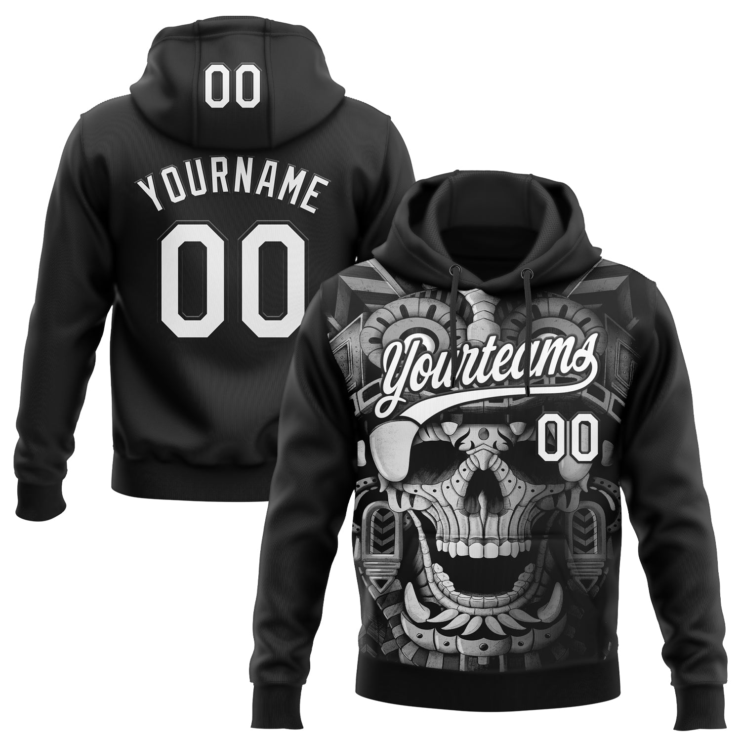 Custom Stitched Black White Skull Pattern Pullover Sweatshirt Hoodie