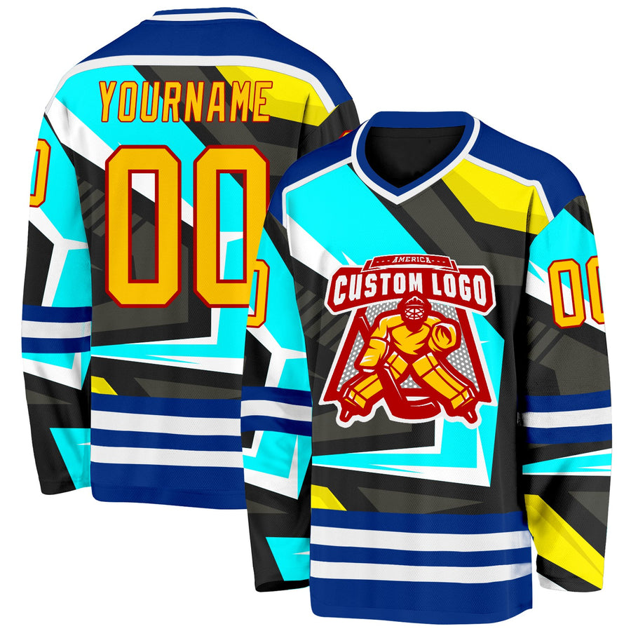 Custom Black Yellow Blue Royal Red-White Cyber Mecha E-sport Hockey Jersey
