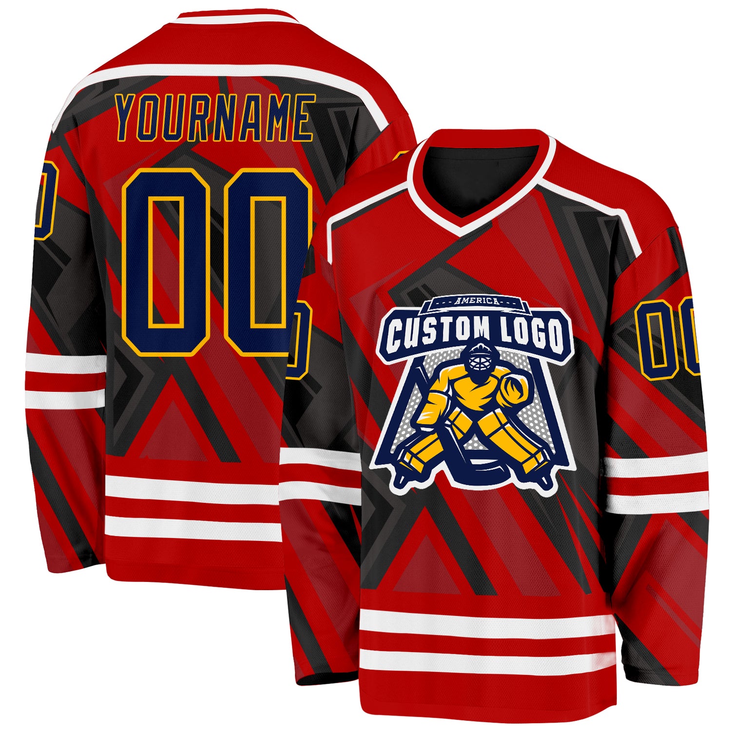 Custom Red Navy Black Gold-White Cyber Mecha E-sport Hockey Jersey