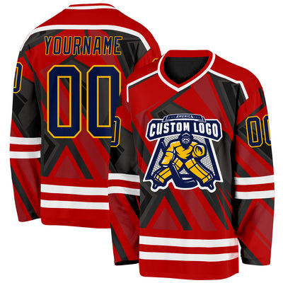 Custom Red Navy Black Gold-White Cyber Mecha E-sport Hockey Jersey