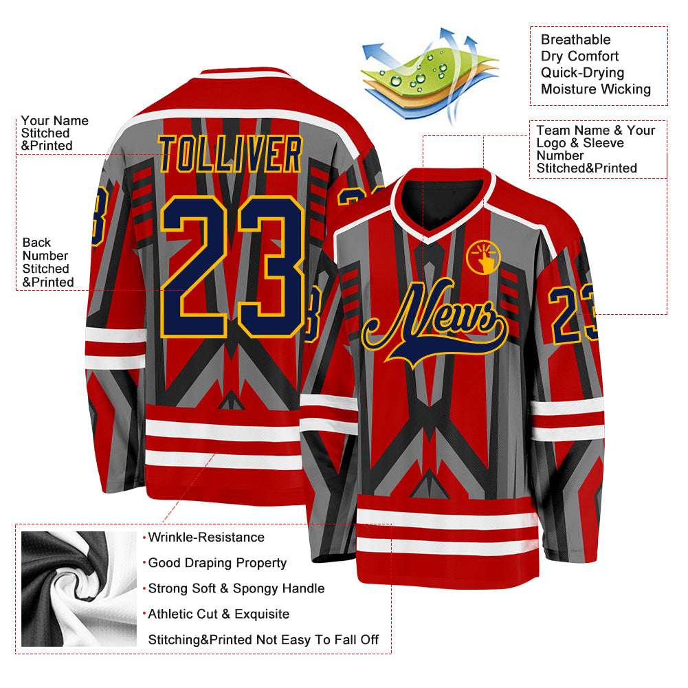 Custom Red Navy Black Gray Gold-White Cyber Mecha E-sport Hockey Jersey