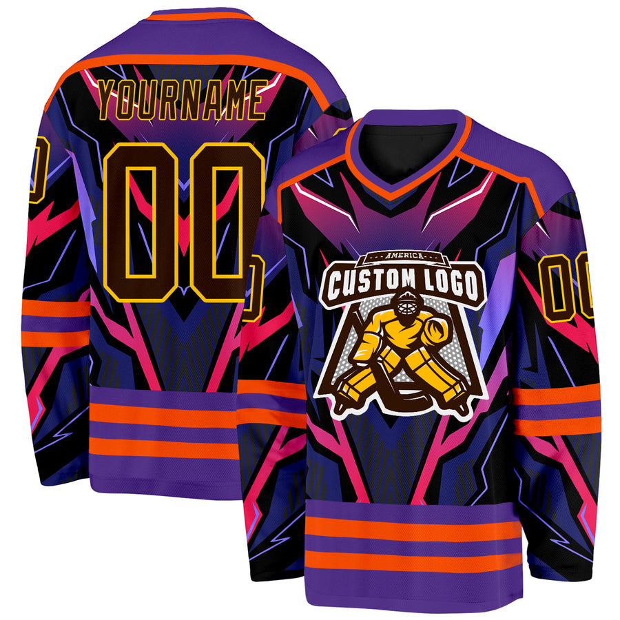Custom Purple Brown Orange Black-Yellow Cyber Mecha E-sport Hockey Jersey