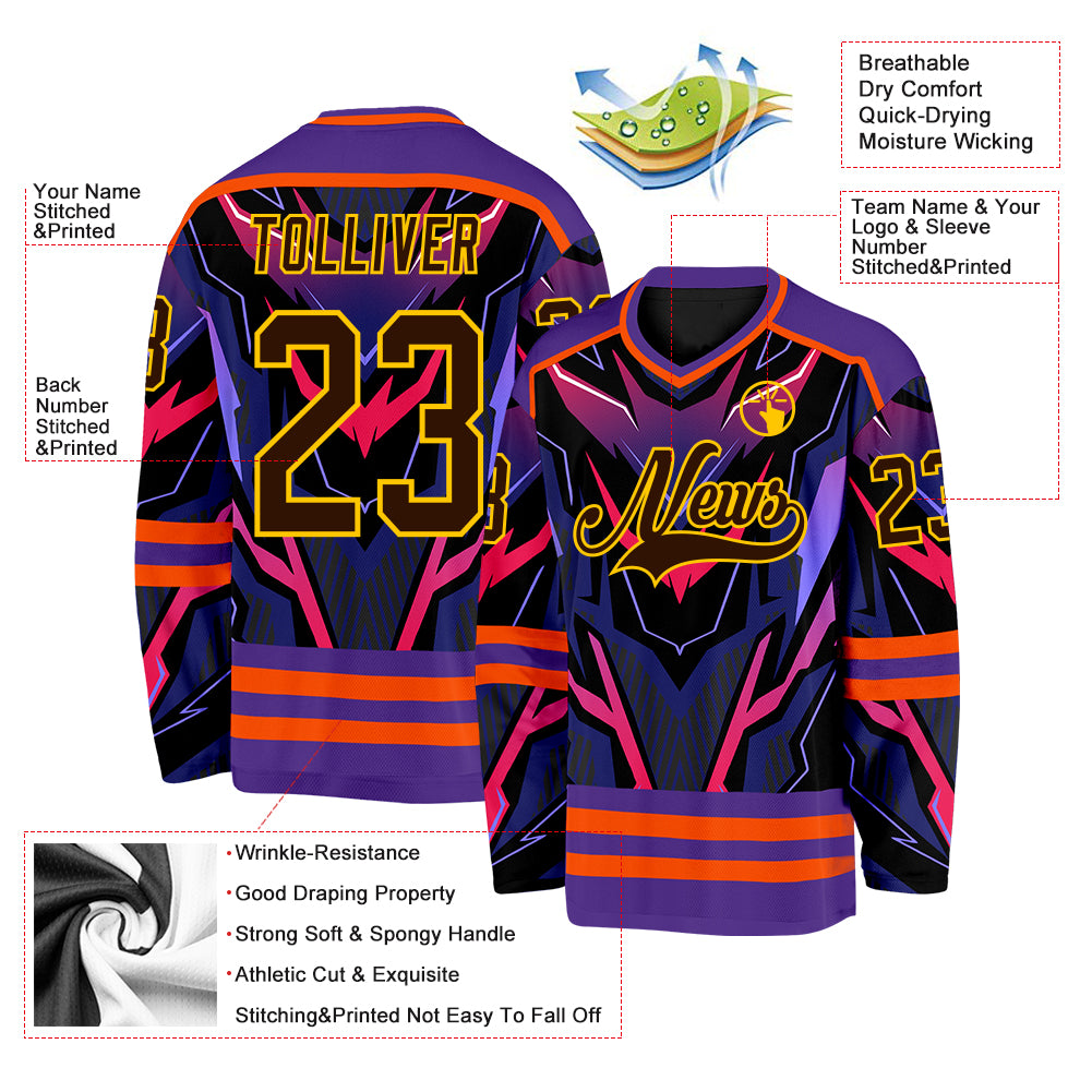 Custom Purple Brown Orange Black-Yellow Cyber Mecha E-sport Hockey Jersey