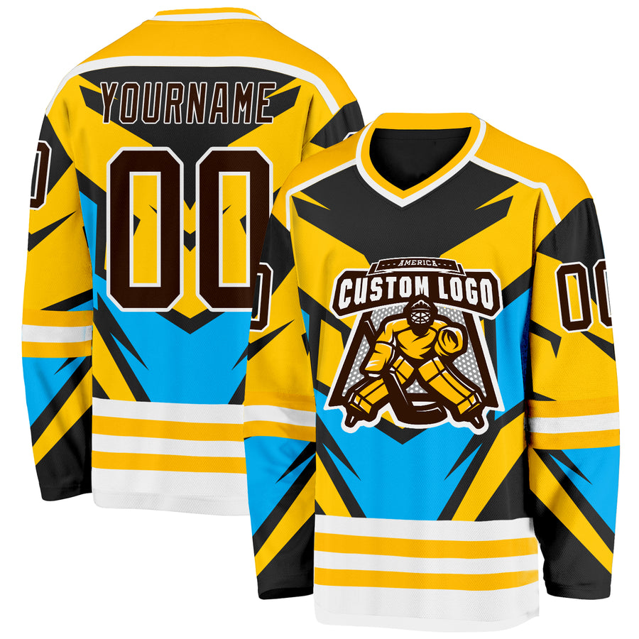 Custom Gold Brown Blue Black-White Cyber Mecha E-sport Hockey Jersey