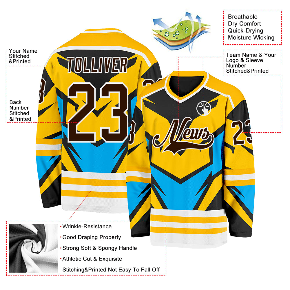 Custom Gold Brown Blue Black-White Cyber Mecha E-sport Hockey Jersey