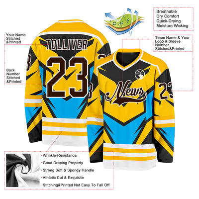 Custom Gold Brown Blue Black-White Cyber Mecha E-sport Hockey Jersey
