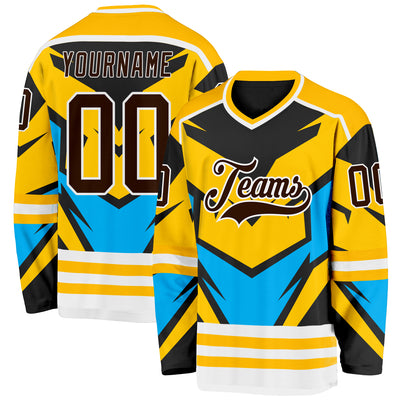 Custom Gold Brown Blue Black-White Cyber Mecha E-sport Hockey Jersey