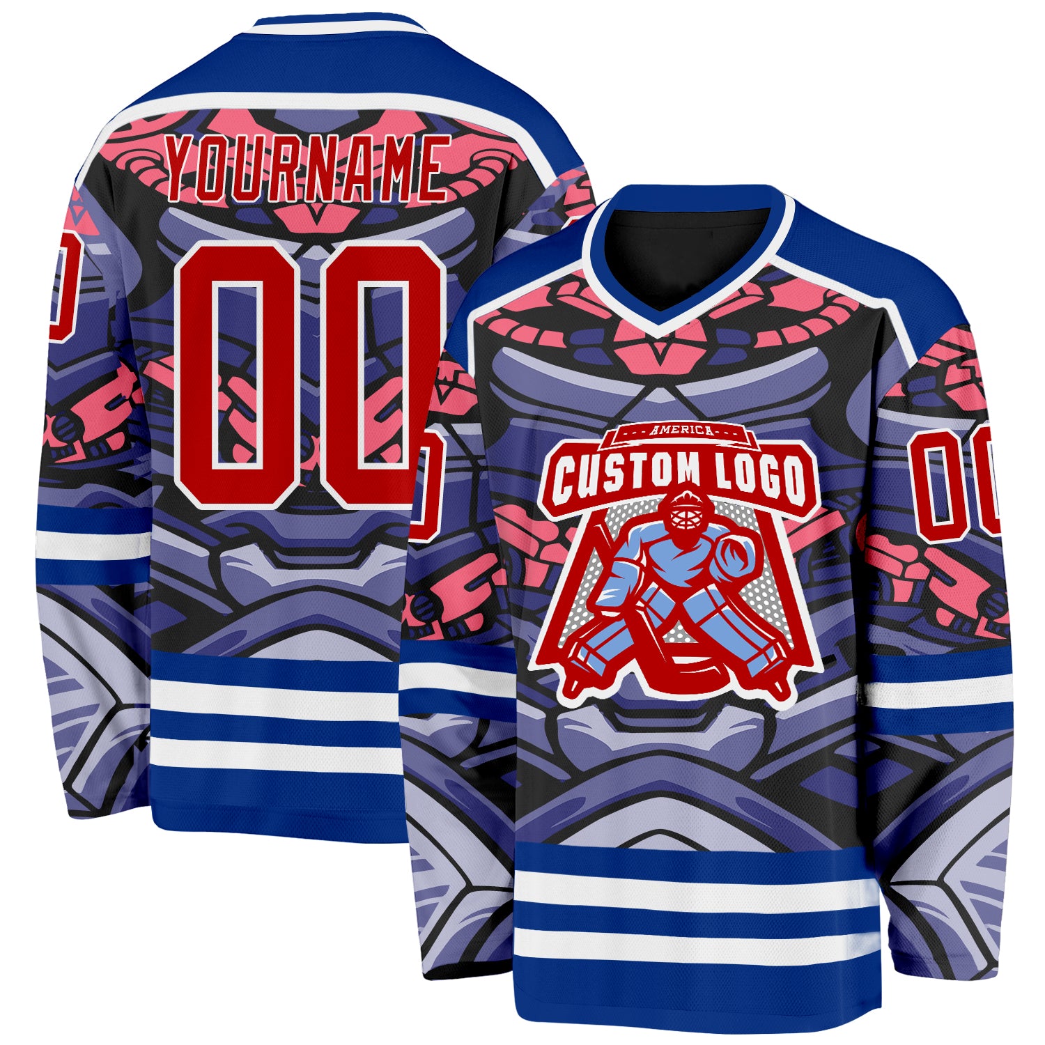 Custom Royal Red Pink Black-White Cyber Mecha E-sport Hockey Jersey