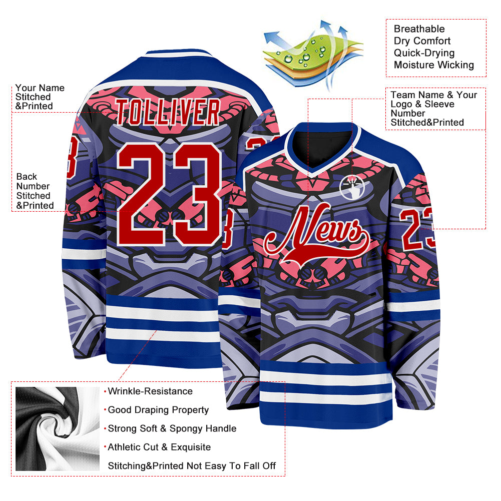 Custom Royal Red Pink Black-White Cyber Mecha E-sport Hockey Jersey