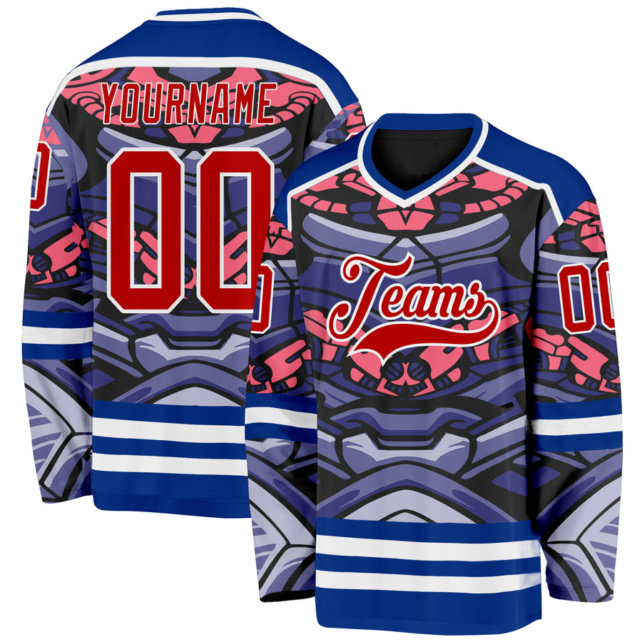 Custom Royal Red Pink Black-White Cyber Mecha E-sport Hockey Jersey