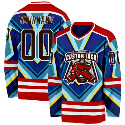 Custom Red Brown Blue Yellow-White Cyber Mecha E-sport Hockey Jersey