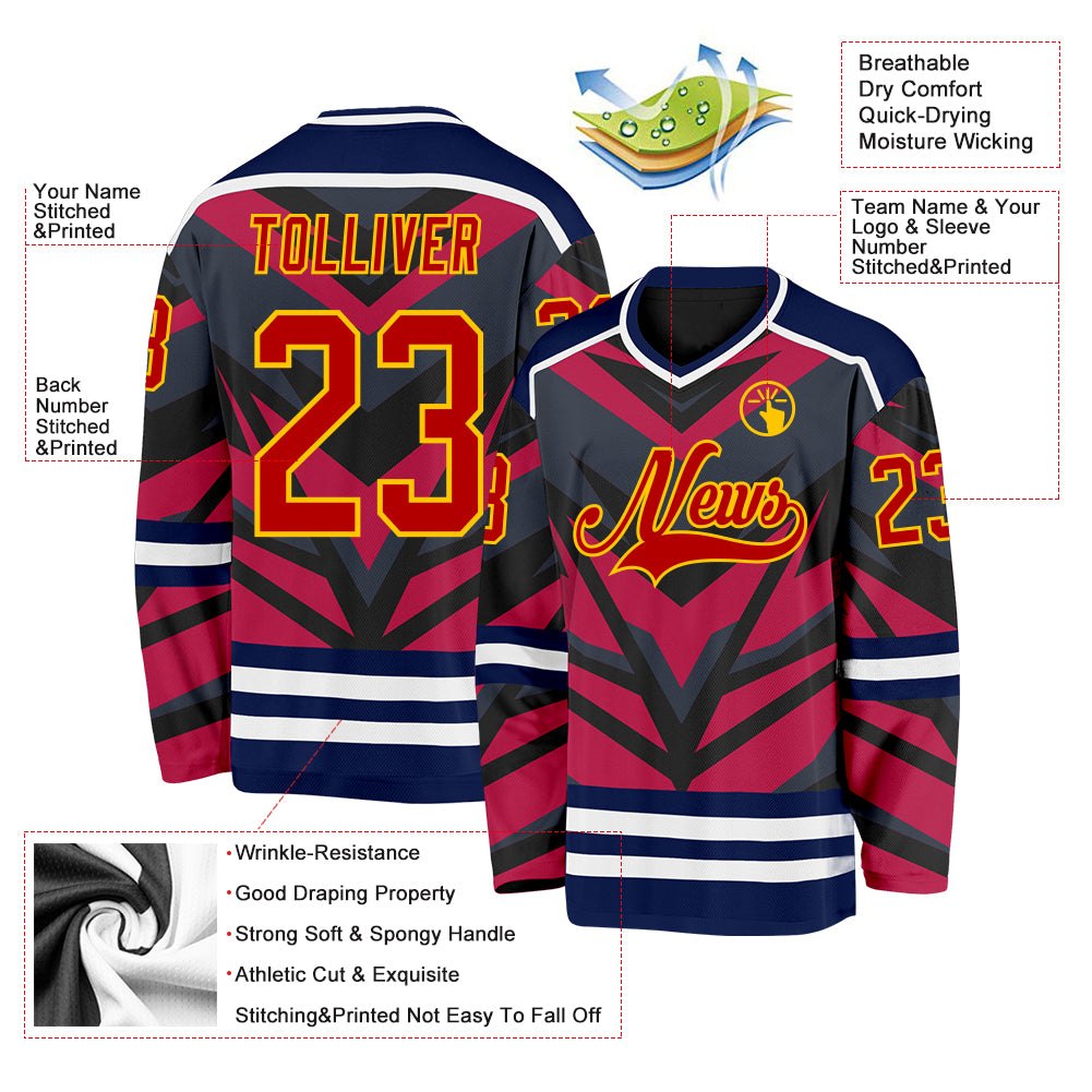 Custom Navy Red Black Yellow-White Cyber Mecha E-sport Hockey Jersey