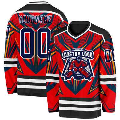 Custom Black Navy Red Orange-White Cyber Mecha E-sport Hockey Jersey