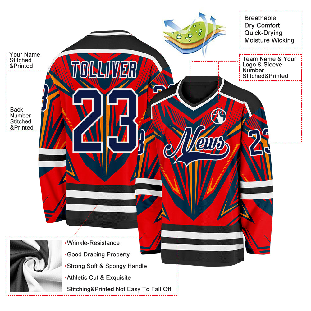 Custom Black Navy Red Orange-White Cyber Mecha E-sport Hockey Jersey