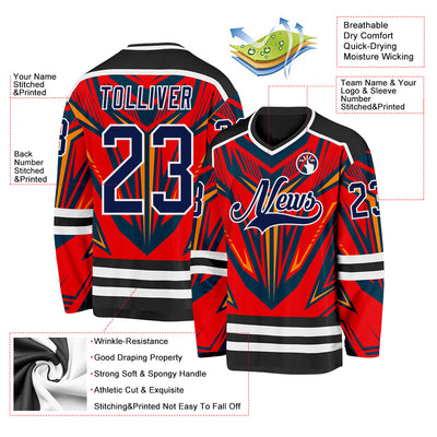 Custom Black Navy Red Orange-White Cyber Mecha E-sport Hockey Jersey