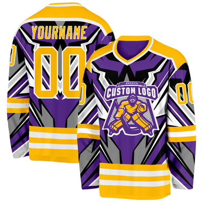 Custom Purple Gold Black Gray-White Cyber Mecha E-sport Hockey Jersey