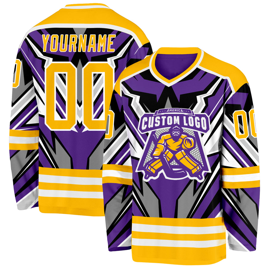 Custom Purple Gold Black Gray-White Cyber Mecha E-sport Hockey Jersey