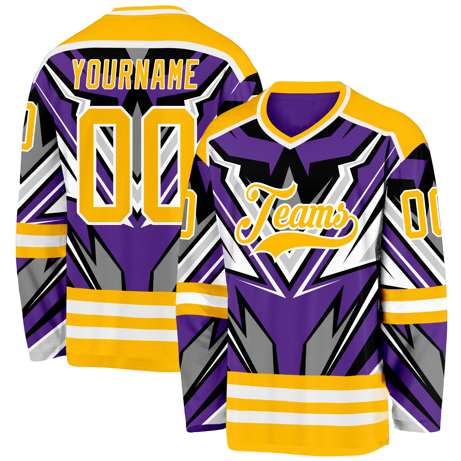 Custom Purple Gold Black Gray-White Cyber Mecha E-sport Hockey Jersey