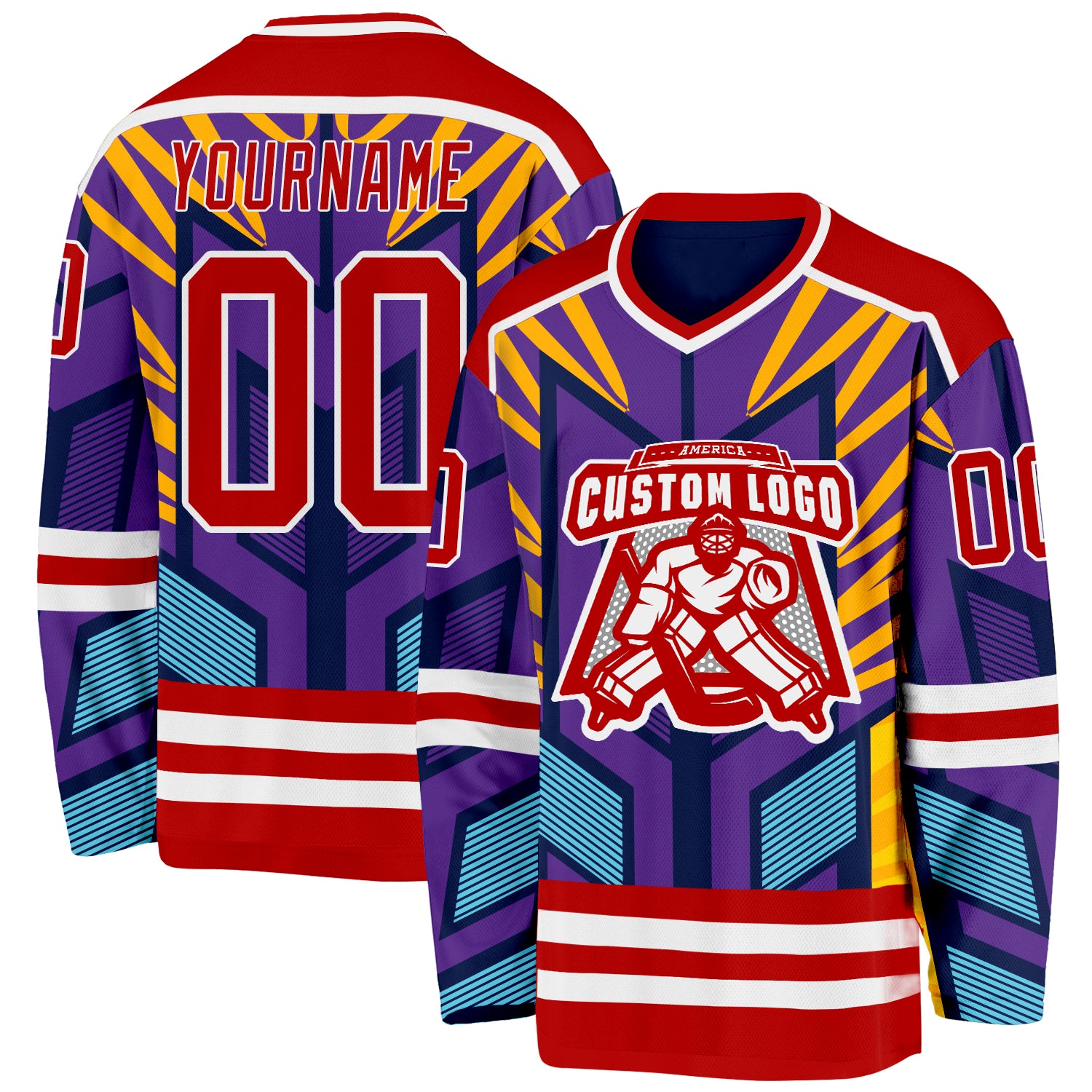 Custom Purple Red Yellow Blue-White Cyber Mecha E-sport Hockey Jersey