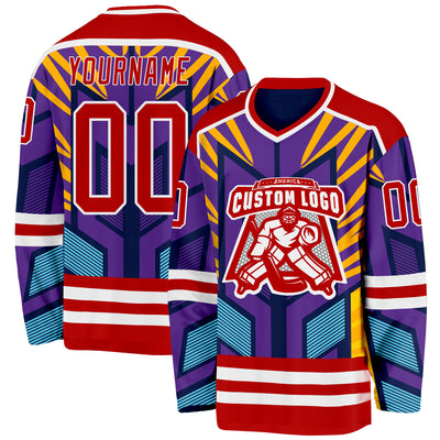 Custom Purple Red Yellow Blue-White Cyber Mecha E-sport Hockey Jersey
