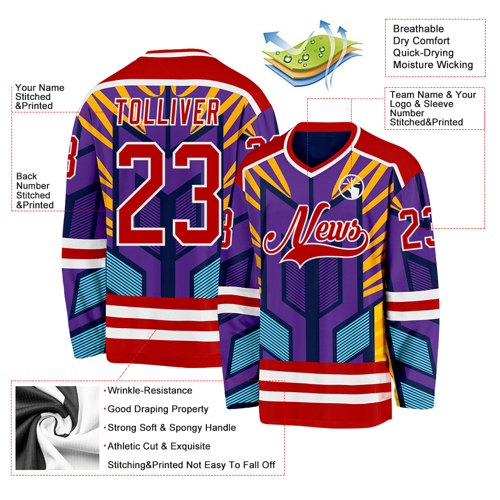 Custom Purple Red Yellow Blue-White Cyber Mecha E-sport Hockey Jersey