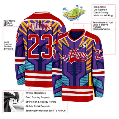 Custom Purple Red Yellow Blue-White Cyber Mecha E-sport Hockey Jersey