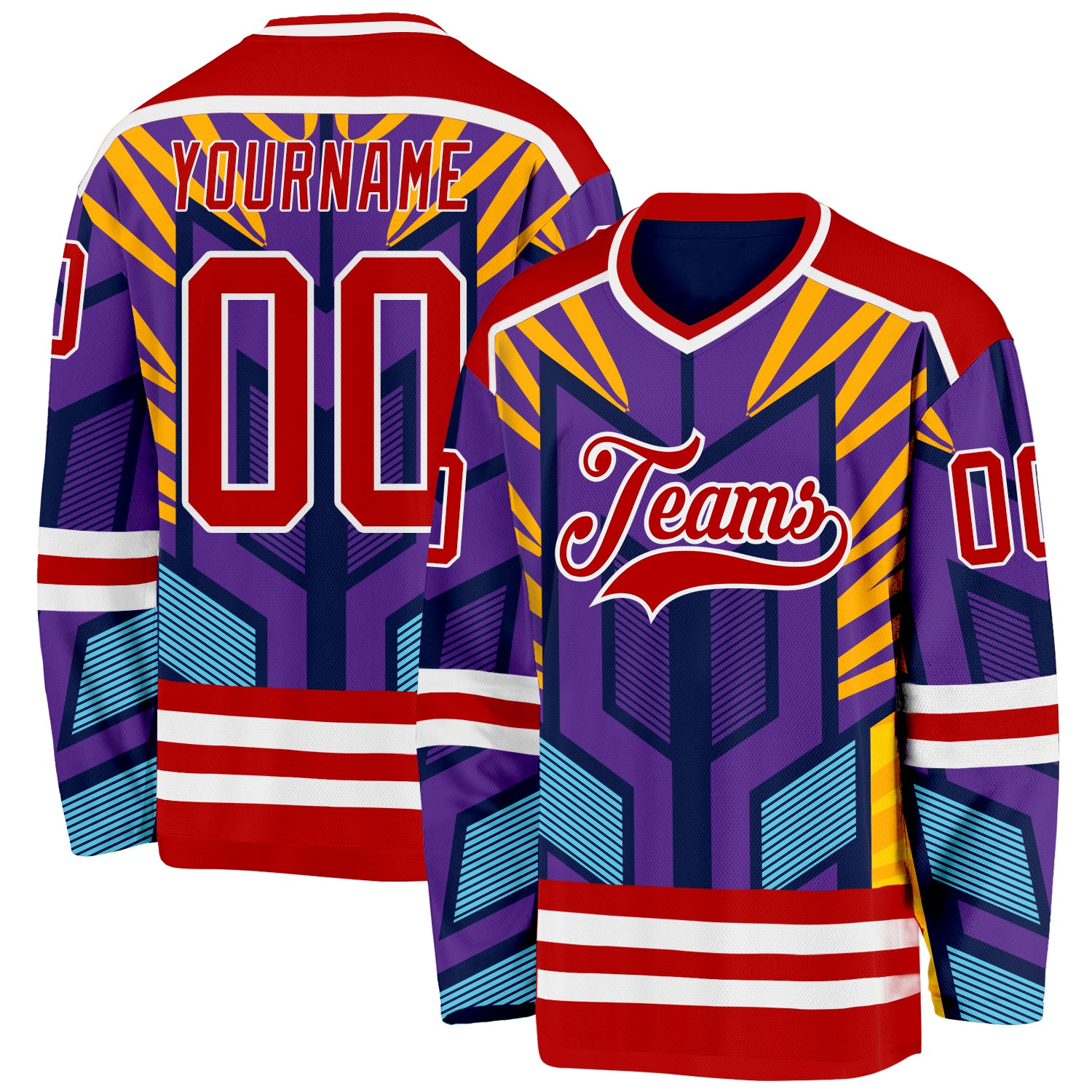 Custom Purple Red Yellow Blue-White Cyber Mecha E-sport Hockey Jersey