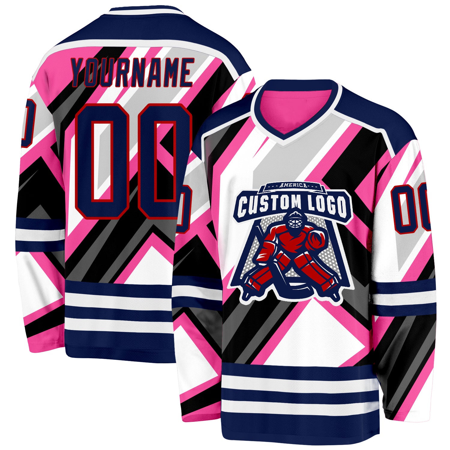 Custom Pink Navy Black Gray Red-White Cyber Mecha E-sport Hockey Jersey
