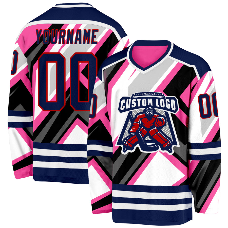 Custom Pink Navy Black Gray Red-White Cyber Mecha E-sport Hockey Jersey