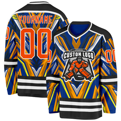 Custom Royal Orange Yellow Black-White Cyber Mecha E-sport Hockey Jersey