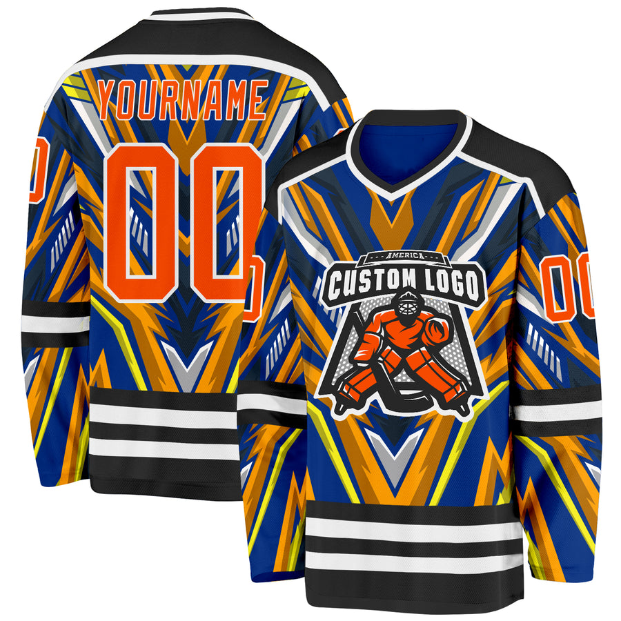Custom Royal Orange Yellow Black-White Cyber Mecha E-sport Hockey Jersey