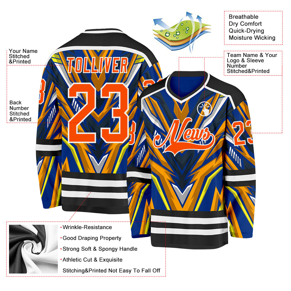 Custom Royal Orange Yellow Black-White Cyber Mecha E-sport Hockey Jersey