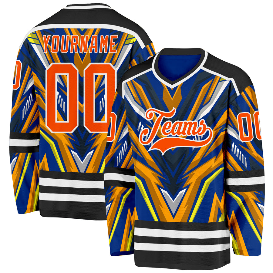 Custom Royal Orange Yellow Black-White Cyber Mecha E-sport Hockey Jersey