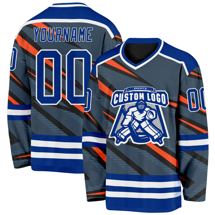 Custom Gray Royal Orange Black-White Cyber Mecha E-sport Hockey Jersey