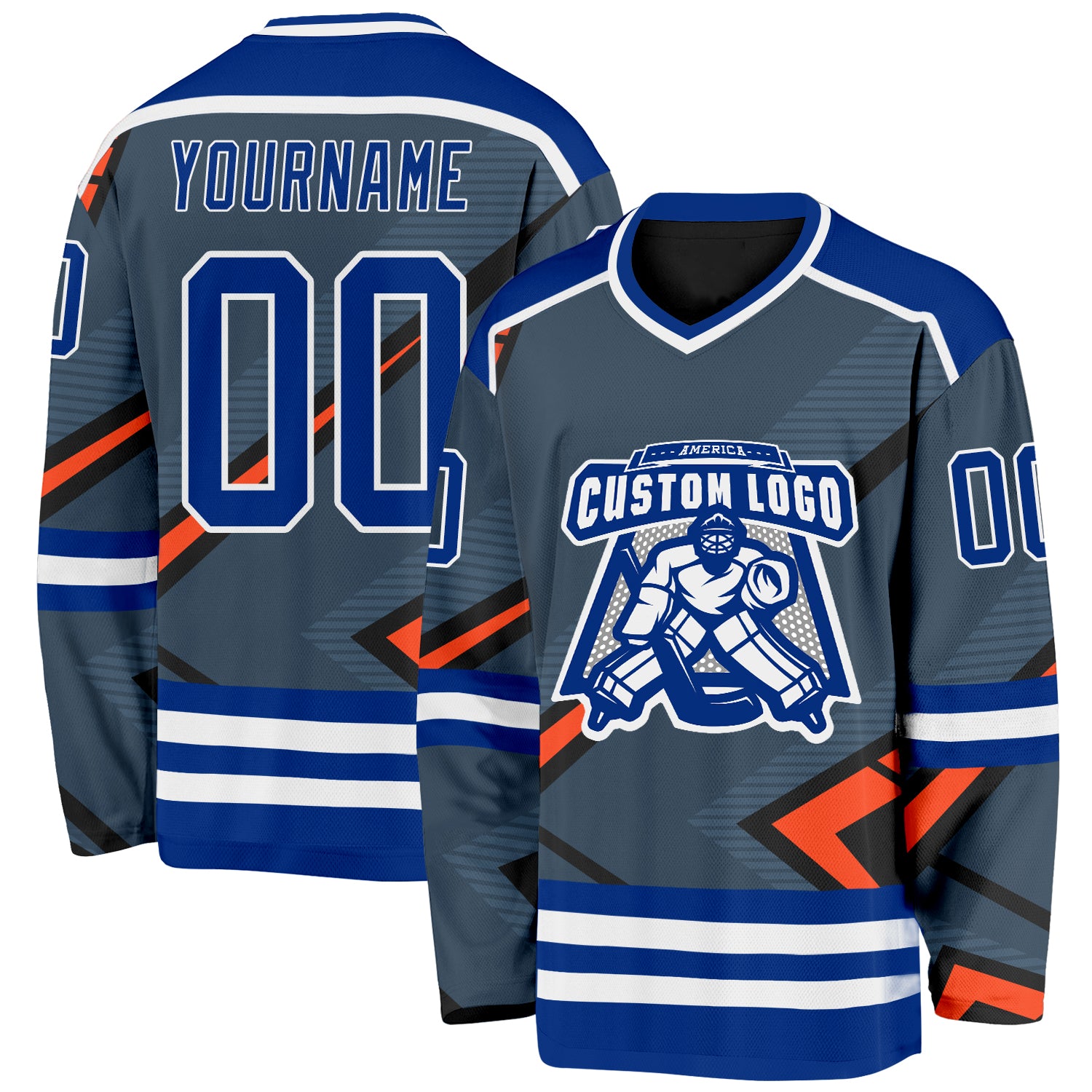 Custom Gray Royal Orange Black-White Cyber Mecha E-sport Hockey Jersey