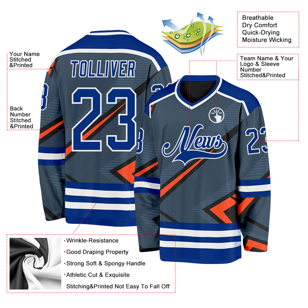 Custom Gray Royal Orange Black-White Cyber Mecha E-sport Hockey Jersey