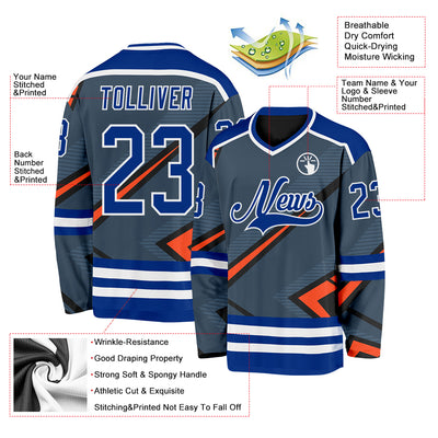 Custom Gray Royal Orange Black-White Cyber Mecha E-sport Hockey Jersey