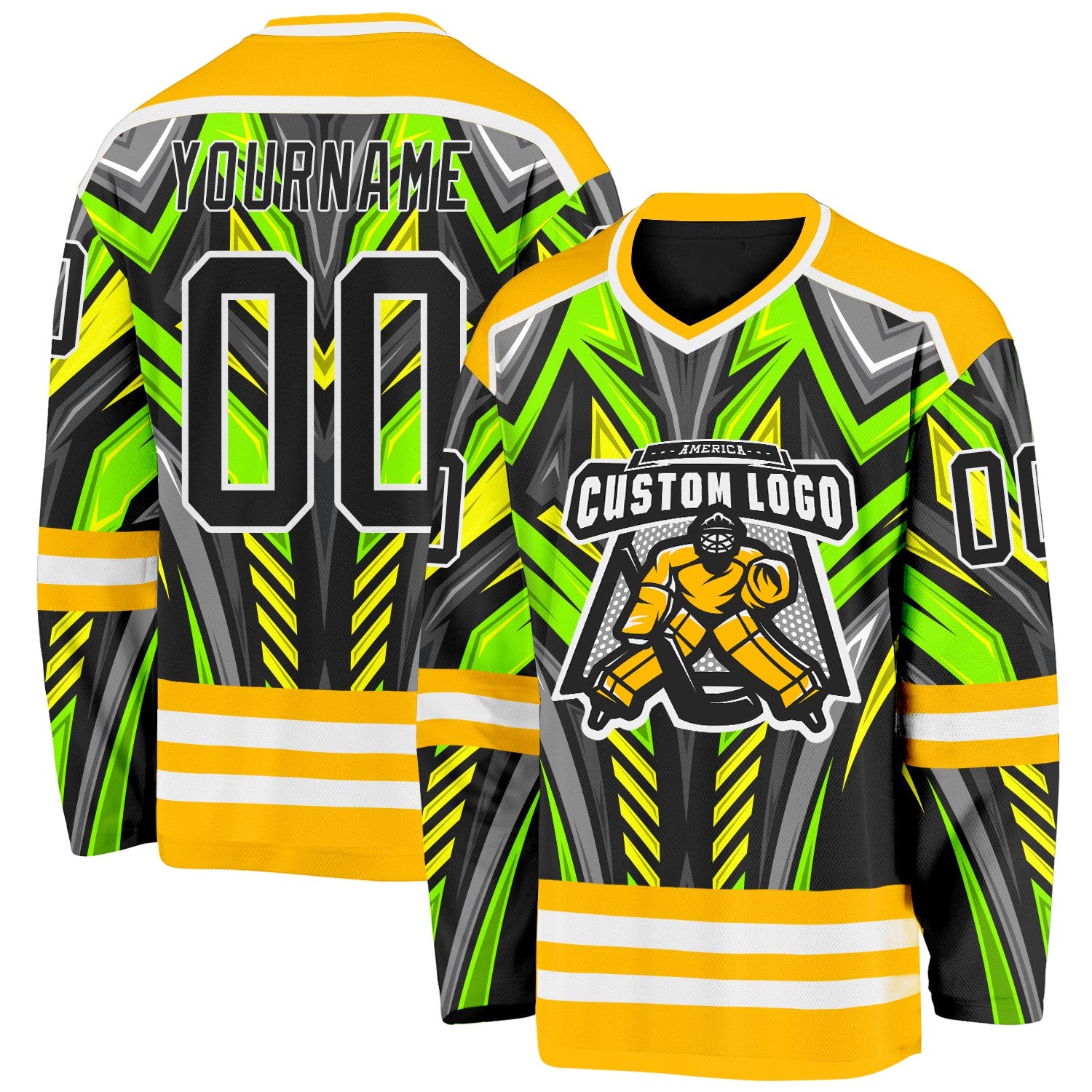 Custom Gold Black Green Gray-White Cyber Mecha E-sport Hockey Jersey