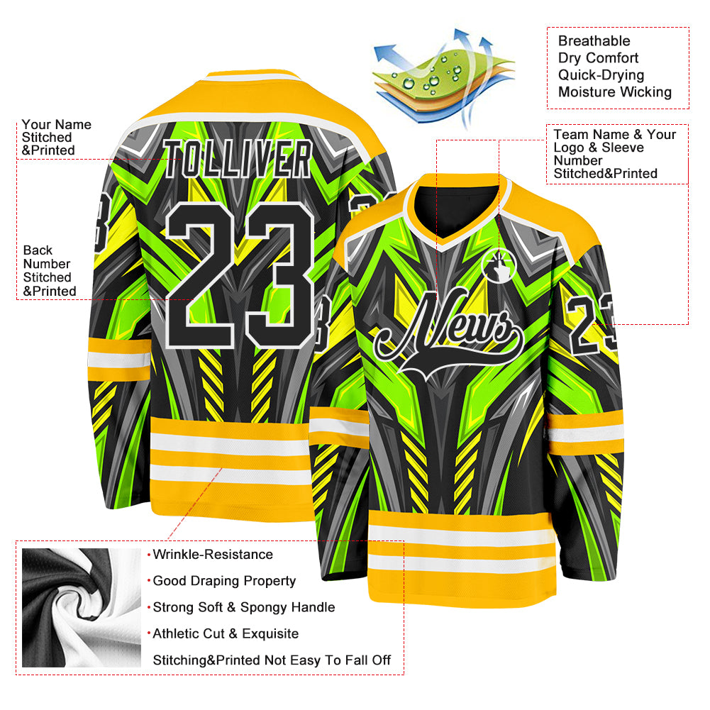 Custom Gold Black Green Gray-White Cyber Mecha E-sport Hockey Jersey